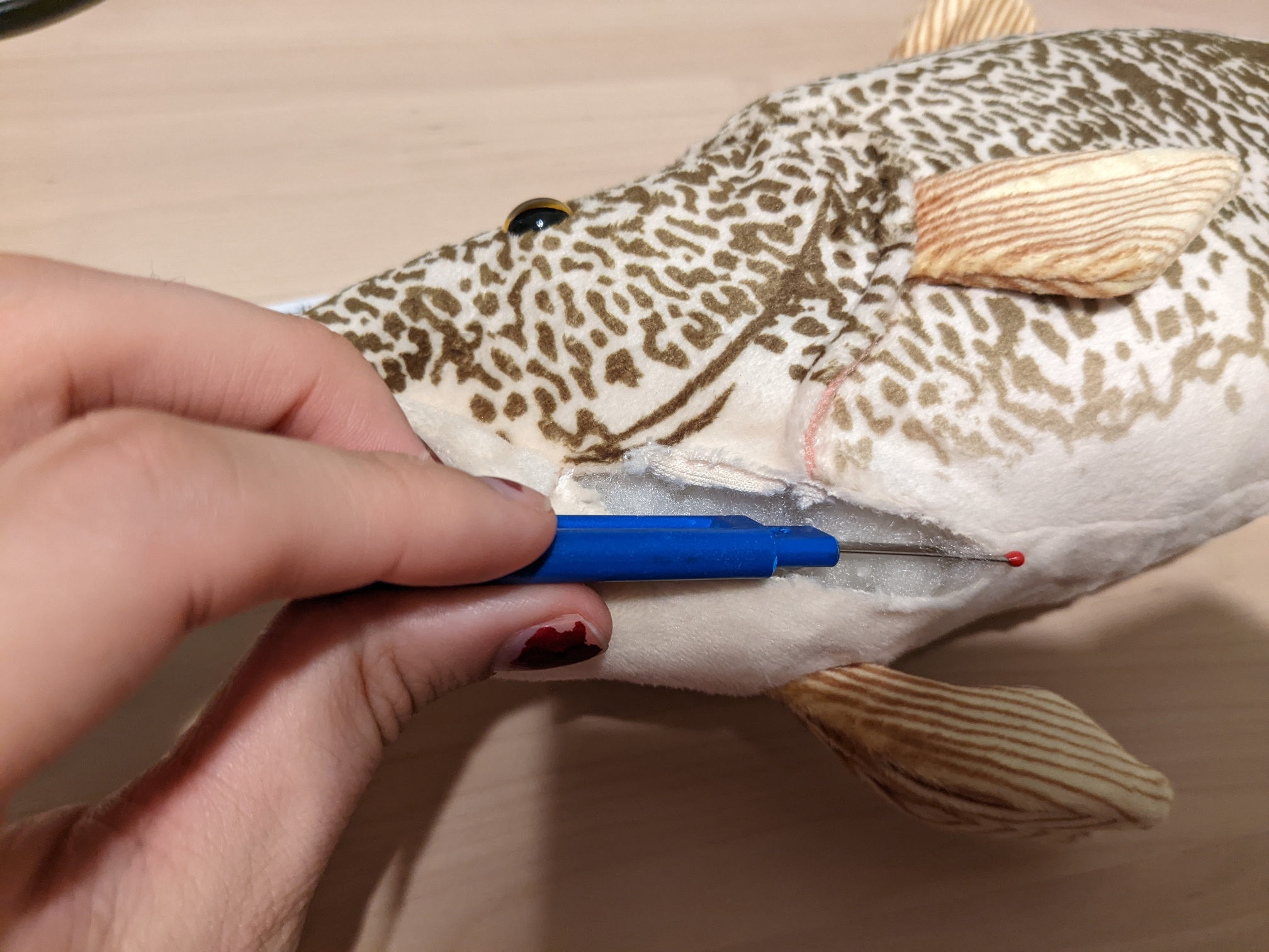 cutting open a plush codfish with a seam ripper, exposing the stuffing within