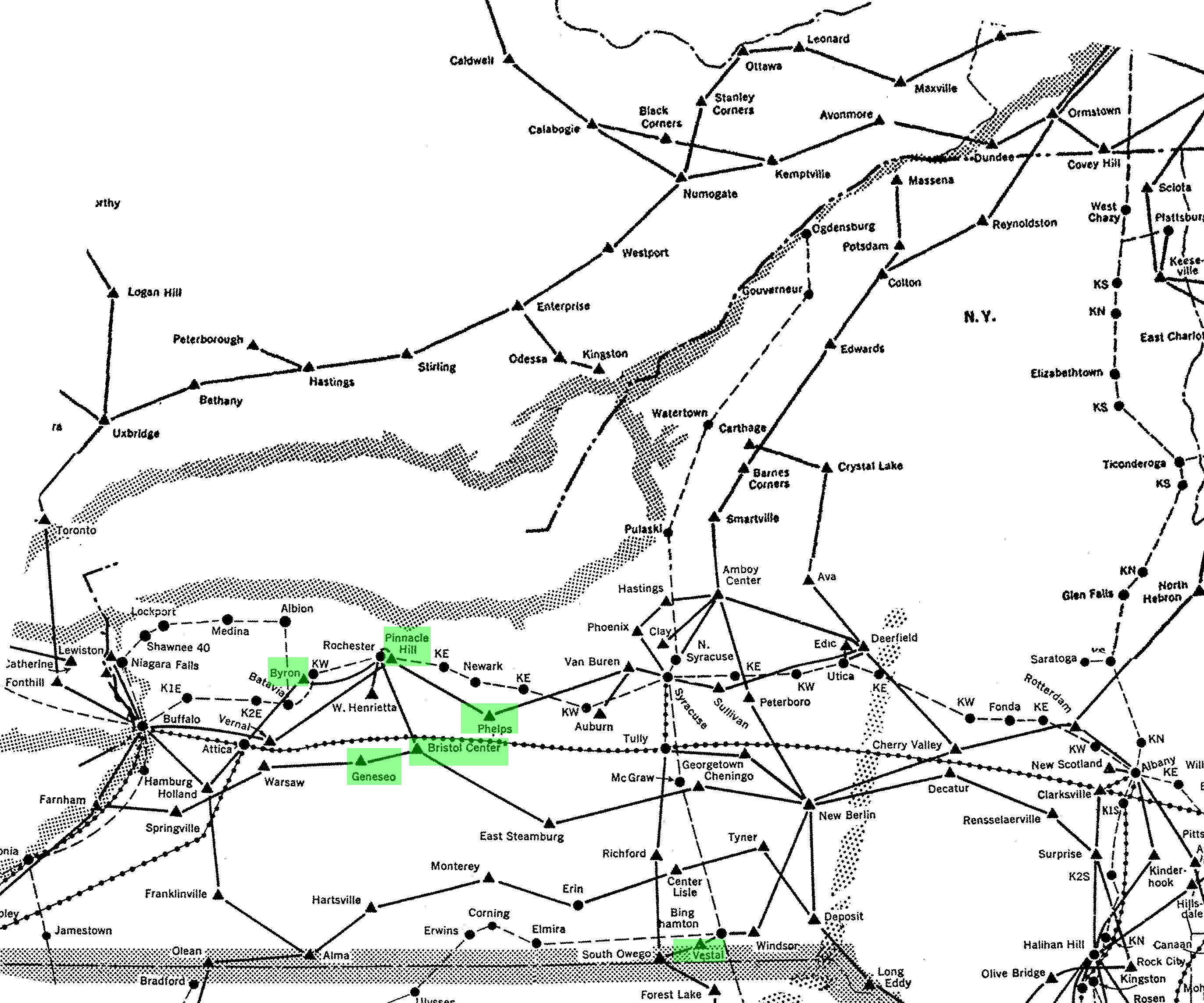 A map of AT&T/Bell Long Lines towers in upstate New York state