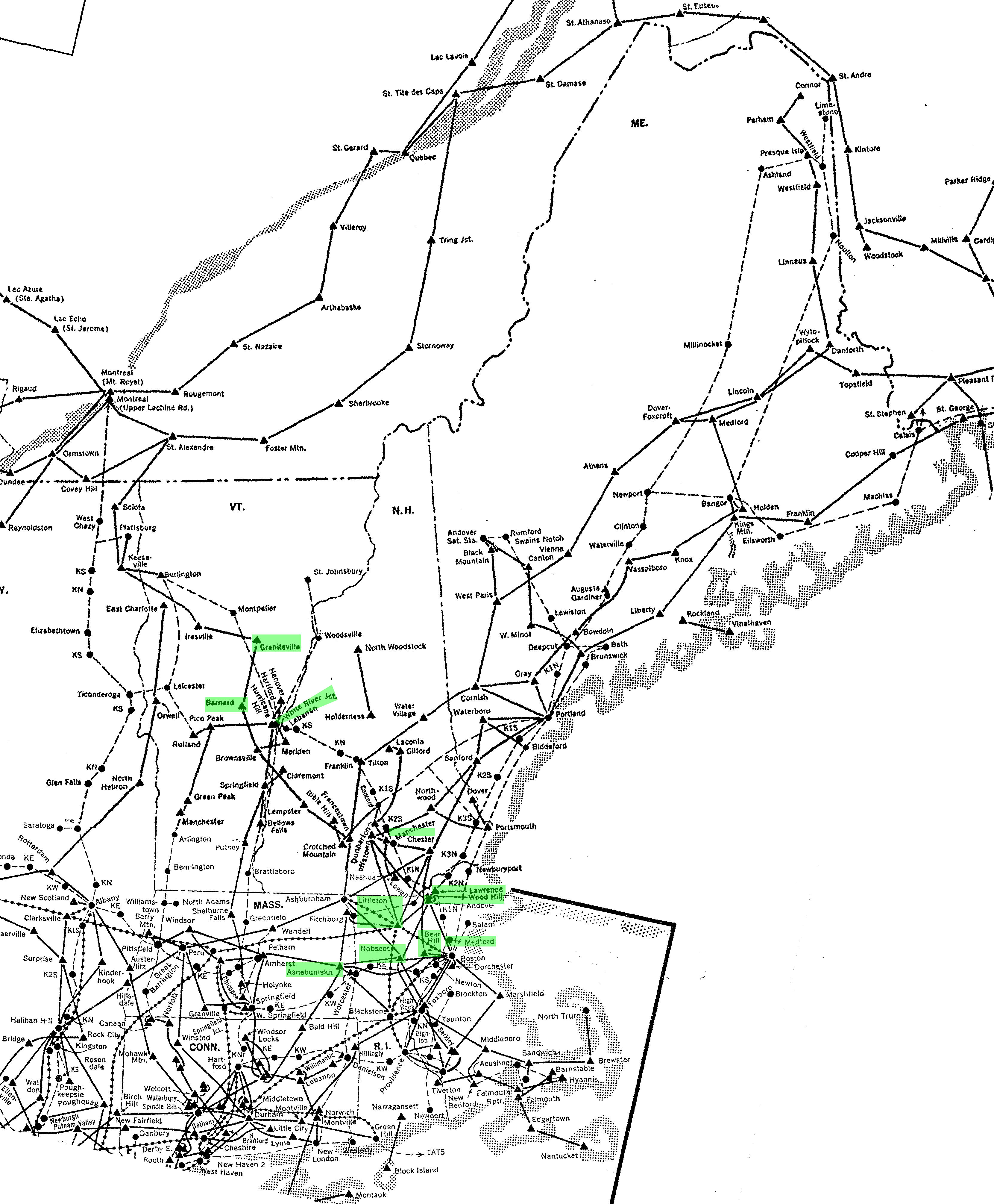a map of AT&T/Bell Long Lines towers in New England