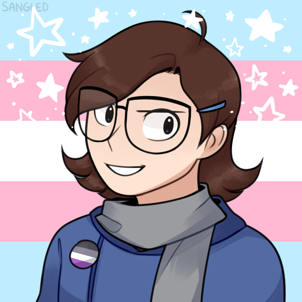 a character creater portrait of a woman with brown hair and glasses in front of a trans pride flag