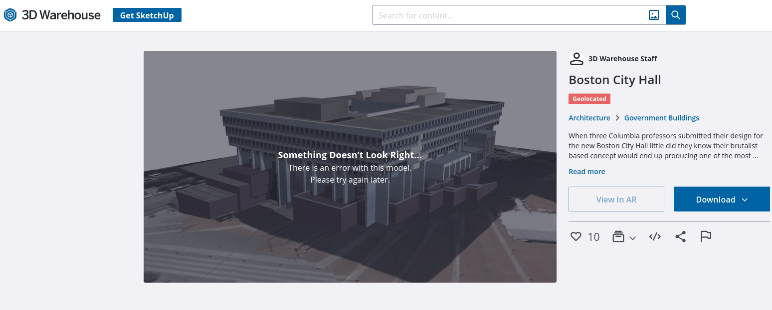 a screenshot of SketchUp 3D Warehouse depicting Boston City Hall