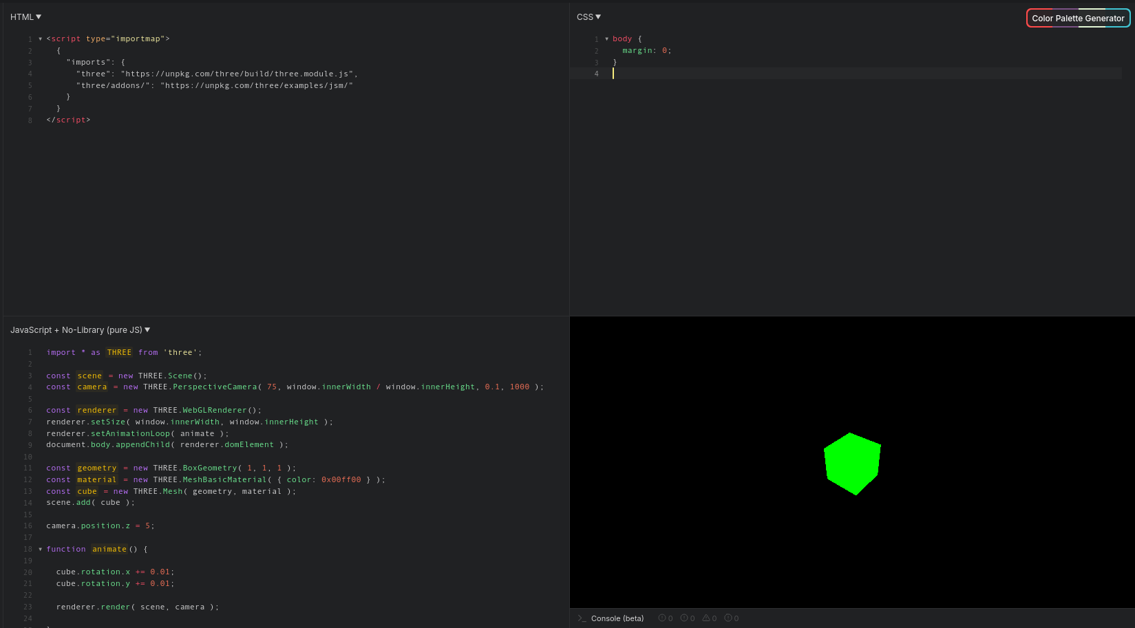 a JSfiddle window with three windows of code and a green cube