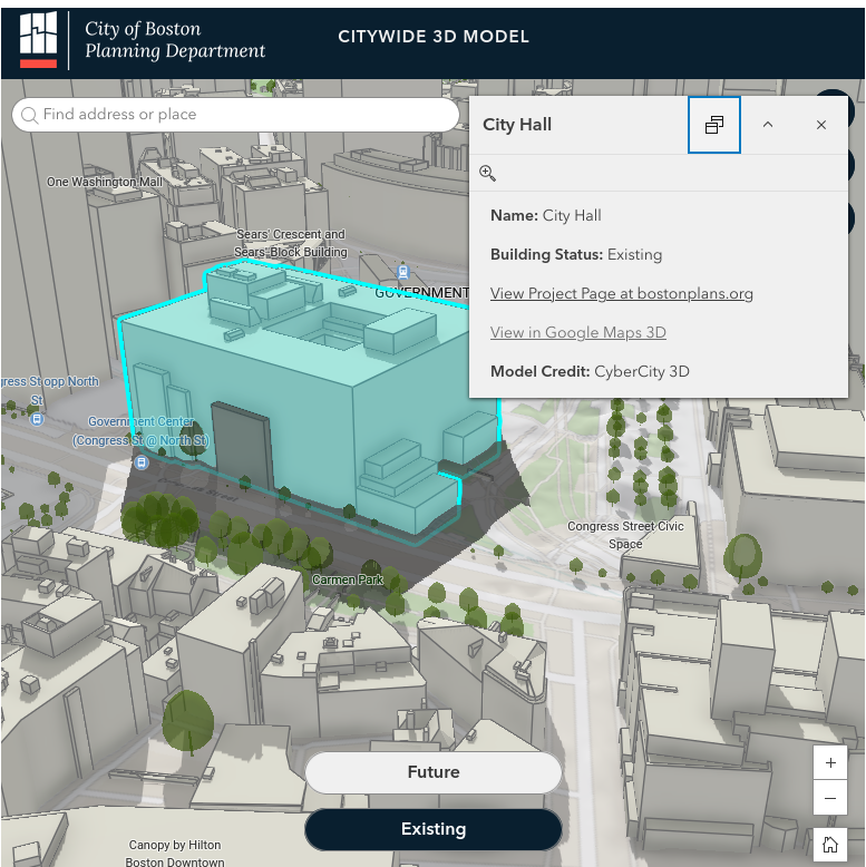 a screenshot of the Boston Planning Department website with a 3D model of an overly boxy city hall