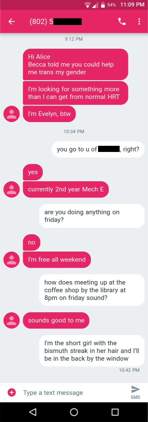 a transcript of a text message conversation with a redacted unknown number in the 802 (Vermont) area code

U: Hi Alice
U: Becca told you could help me trans my gender
U: I'm looking for something more than I can get from normal HRT
U: I'm Evelyn, btw
(more than an hour passes)
A: you go to u of [redacted], right?
U: yes
U: currently 2nd year Mech E
A: are you doing anything on friday?
U: no
U: I'm free all weekend
A: how does meeting up at the coffee shop by the library at 8pm on friday sound?
U: sounds good to me
A: I'm the short girl with the bismuth streak in her hair and I'll be in the back by the window